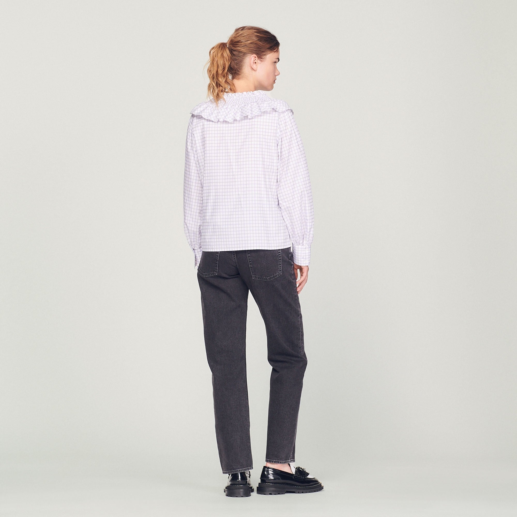 Women Checked Shirt With Ruffled Collar - White / Purple