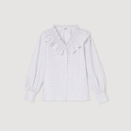 Women Checked Shirt With Ruffled Collar - White / Purple