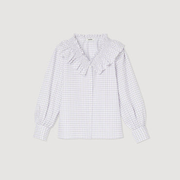 Women Checked Shirt With Ruffled Collar - White / Purple