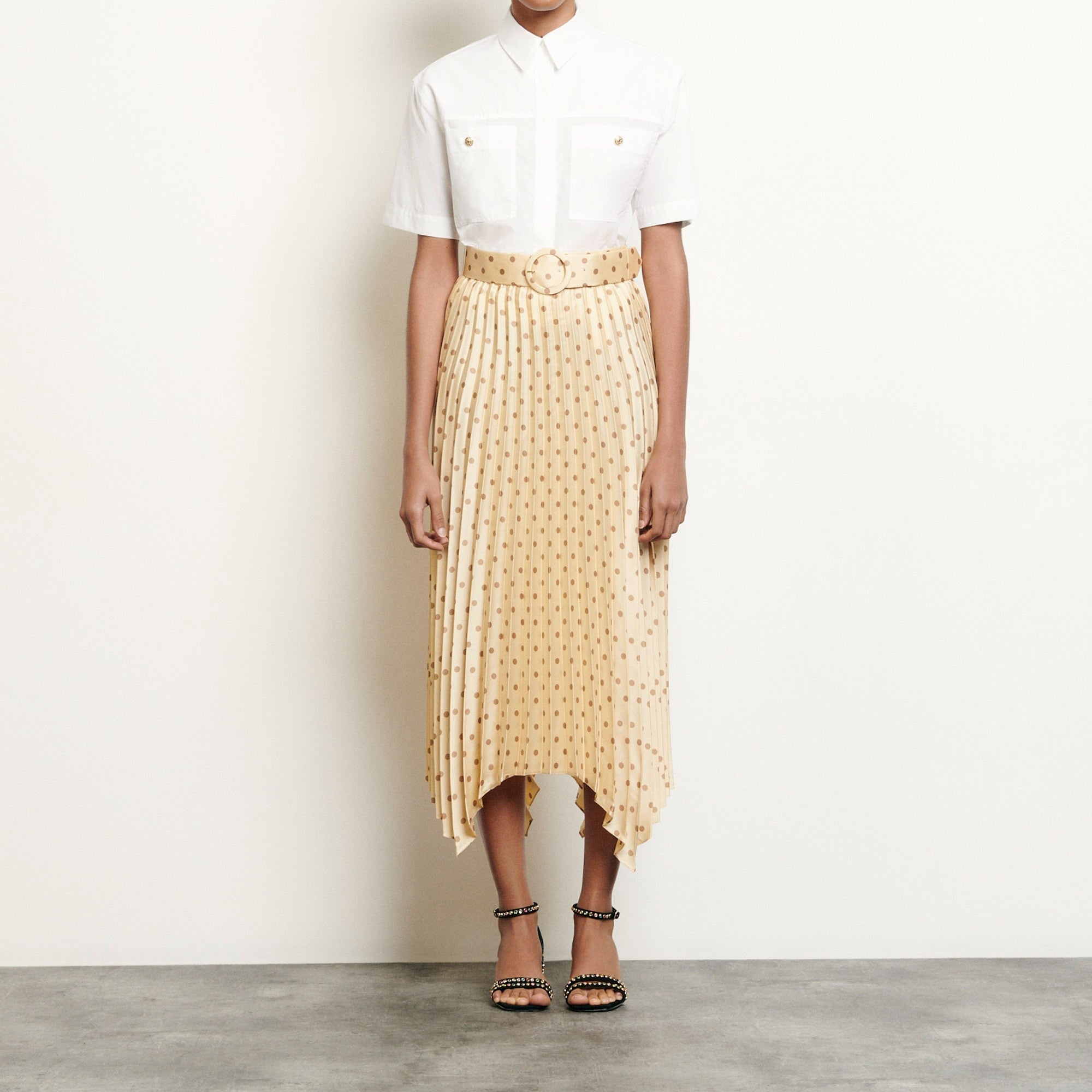 Women Pleated And Printed Skirt With Belt - Yellow