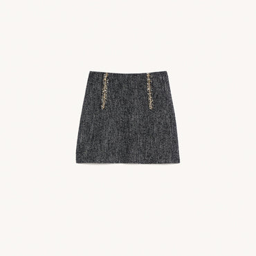 Women Short Tweed Skirt With Chain Trim - Black / White