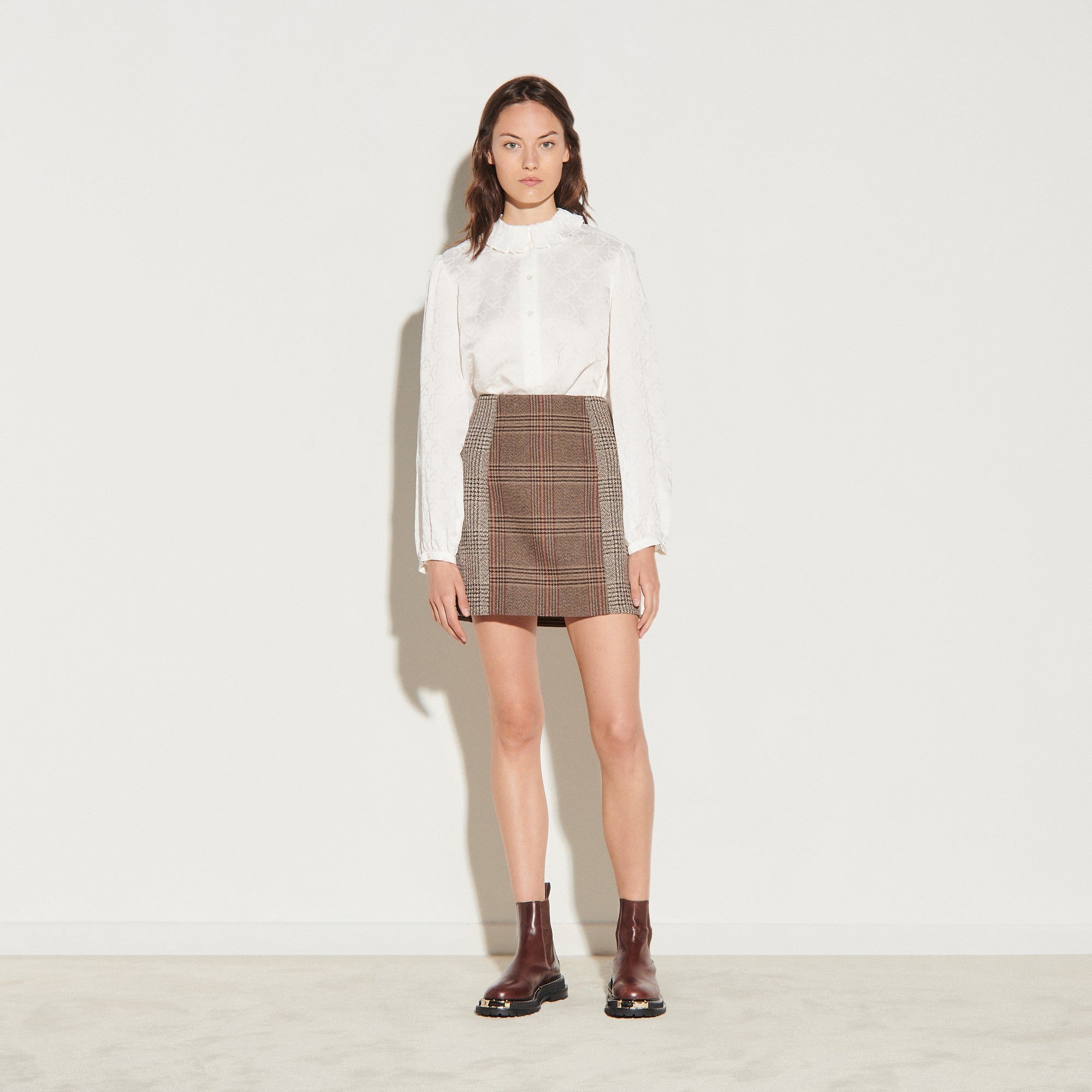 Women Short Checked Skirt - Beige / Grey