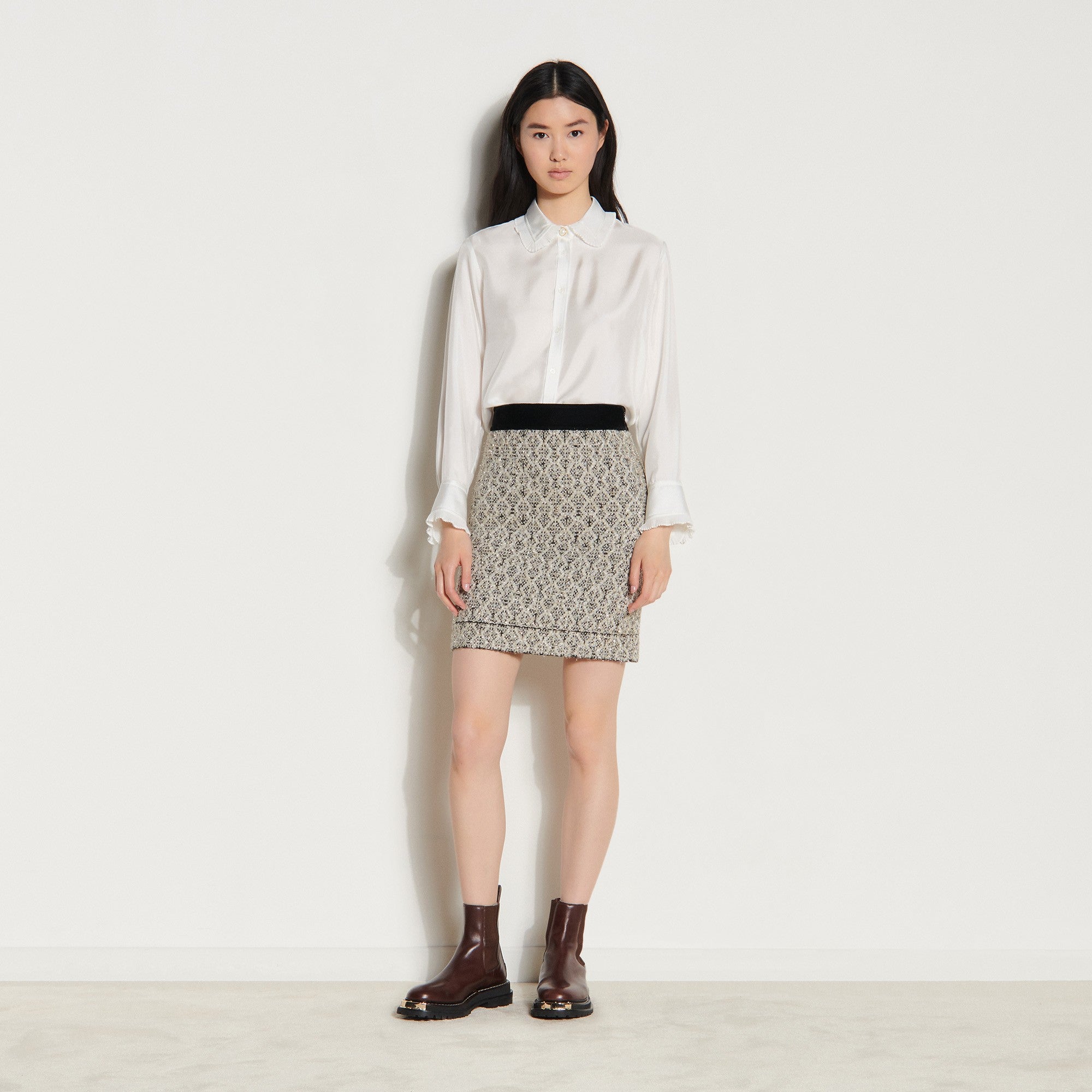 Women Short Jacquard Knit Skirt - Ecru / Black