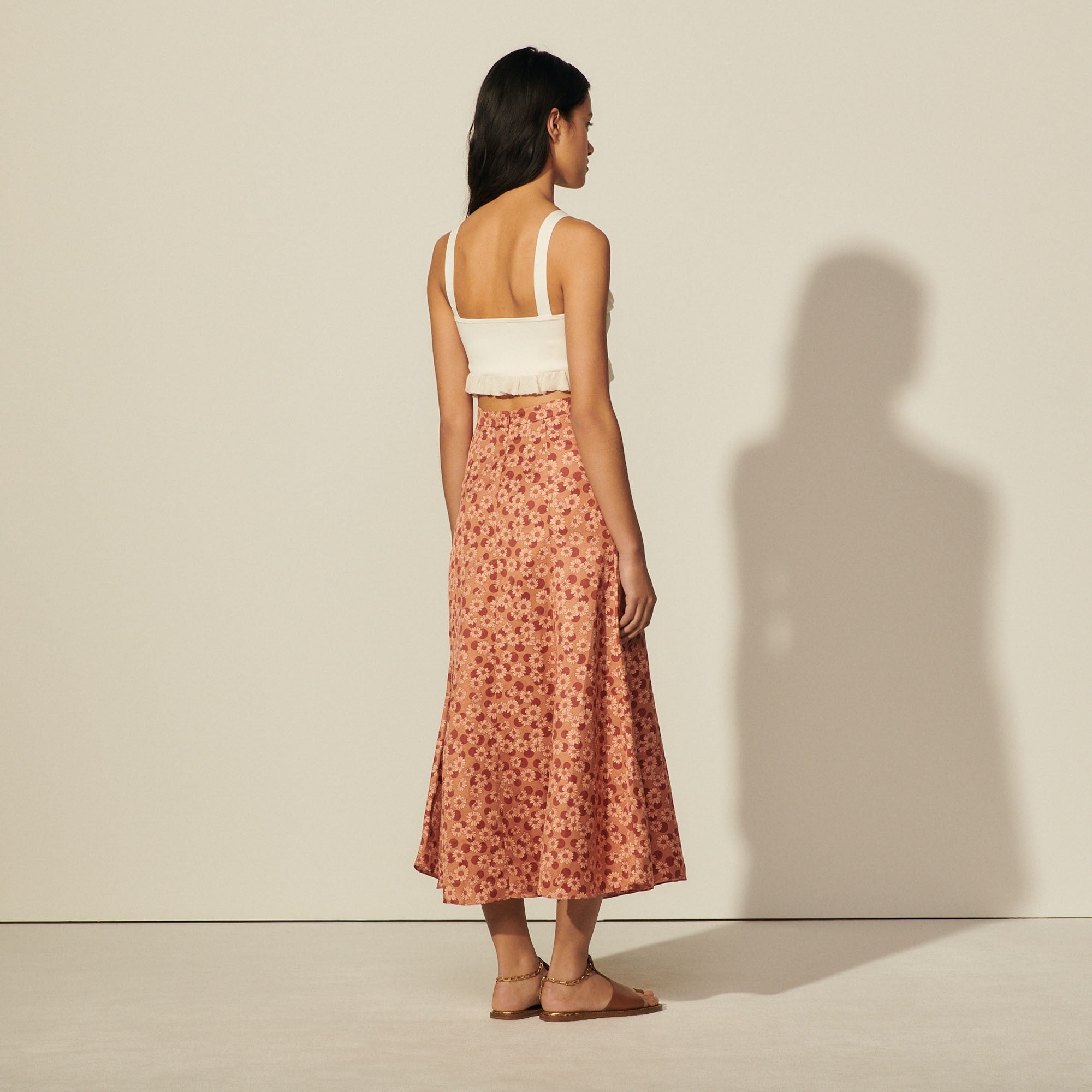 Women Long Flared Printed Skirt - Brown