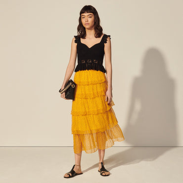 Women Long Dotted Swiss Skirt With Ruffles - Ochre