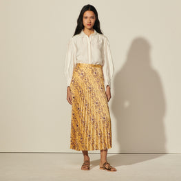 Women Long Printed Skirt With Pleats - Yellow