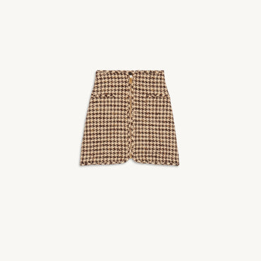 Women Short Houndstooth Skirt - Brown - Beige