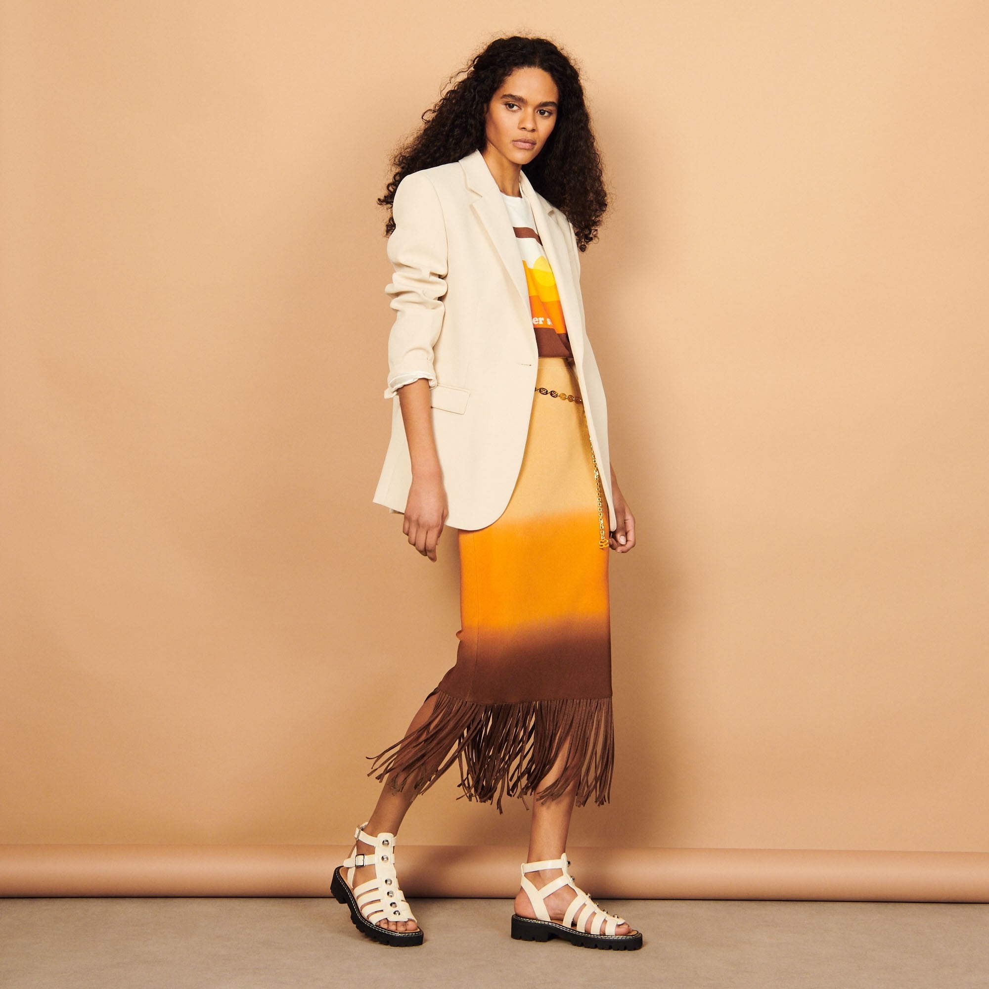 Women Midi Skirt With Tie-Dye Fringing - Beige / Orange / Brown