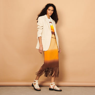 Women Midi Skirt With Tie-Dye Fringing - Beige / Orange / Brown