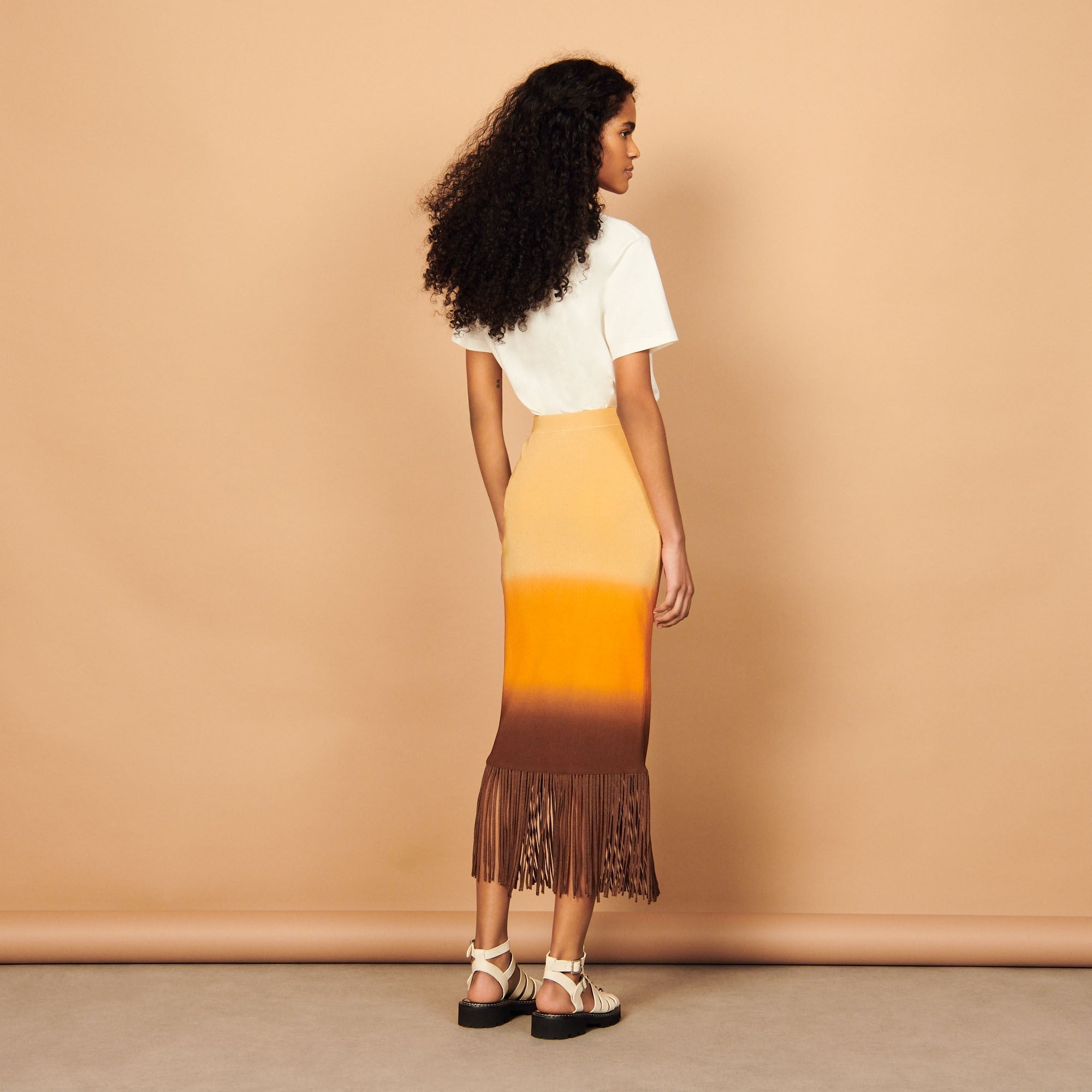 Women Midi Skirt With Tie-Dye Fringing - Beige / Orange / Brown