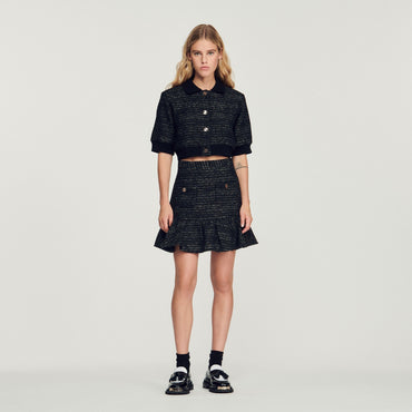 Women Short Tweed Ruffled Skirt - Black