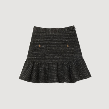 Women Short Tweed Ruffled Skirt - Black