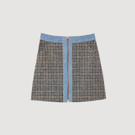 Women Short Tweed And Denim Skirt - Blu / Beige