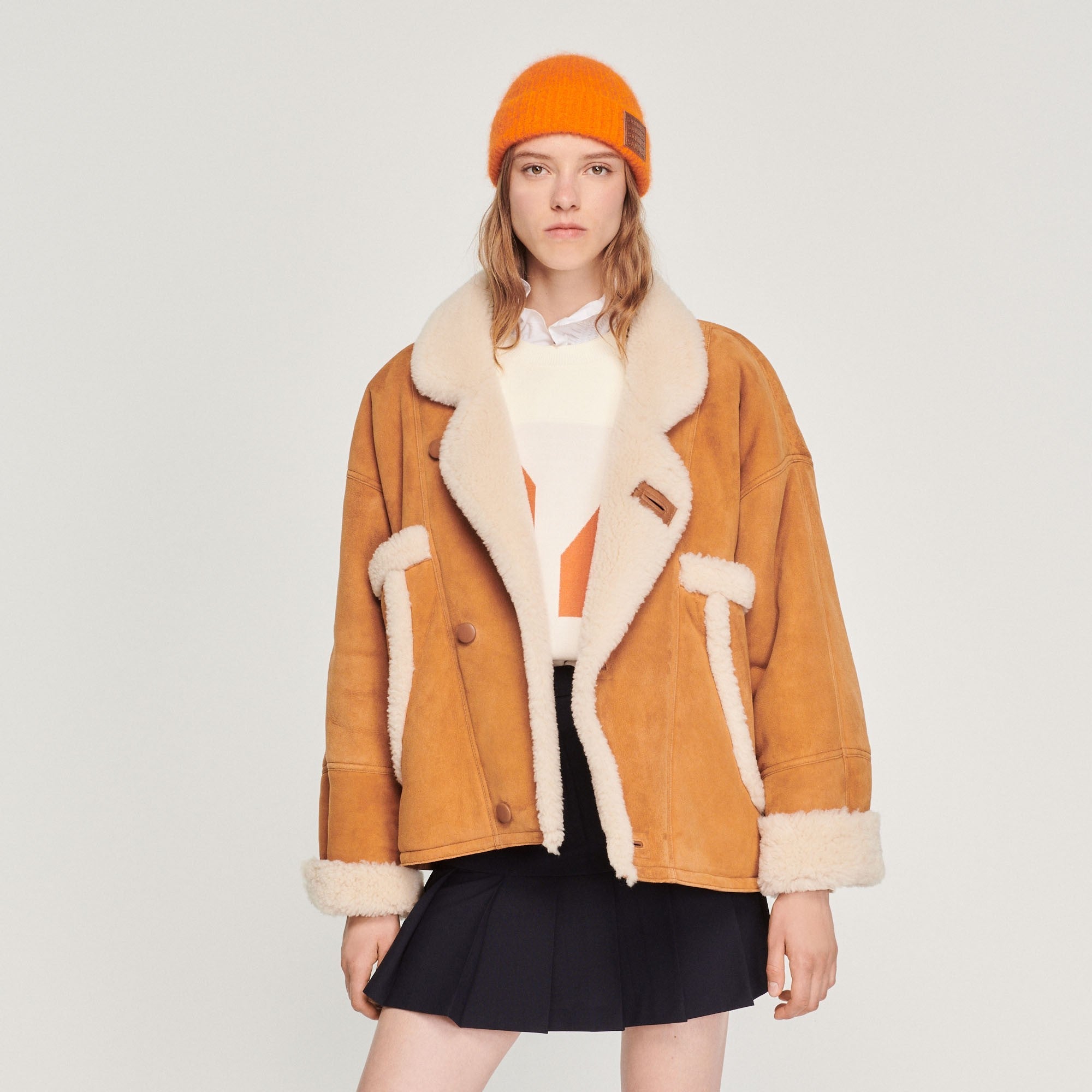 Women Short Sheepskin Coat - Ochre