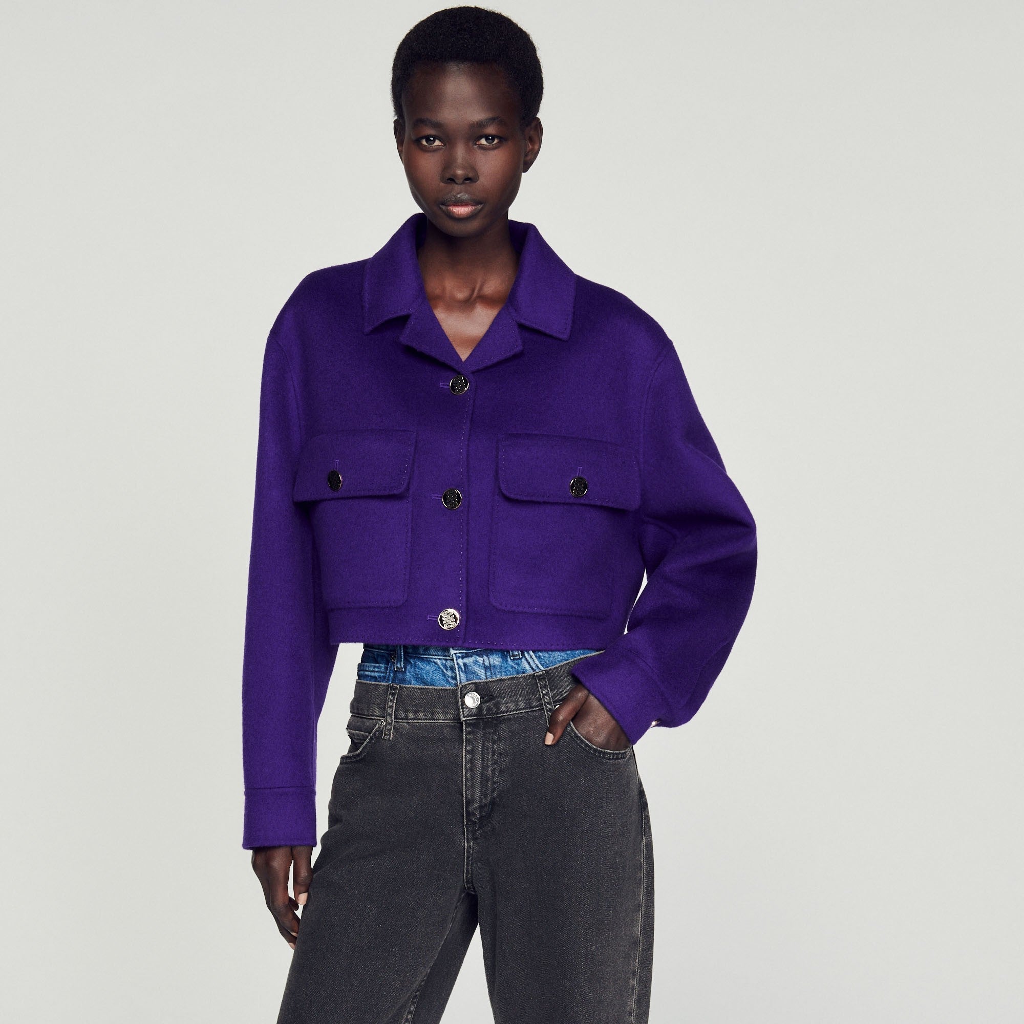 Women Cropped Wool Coat - Purple