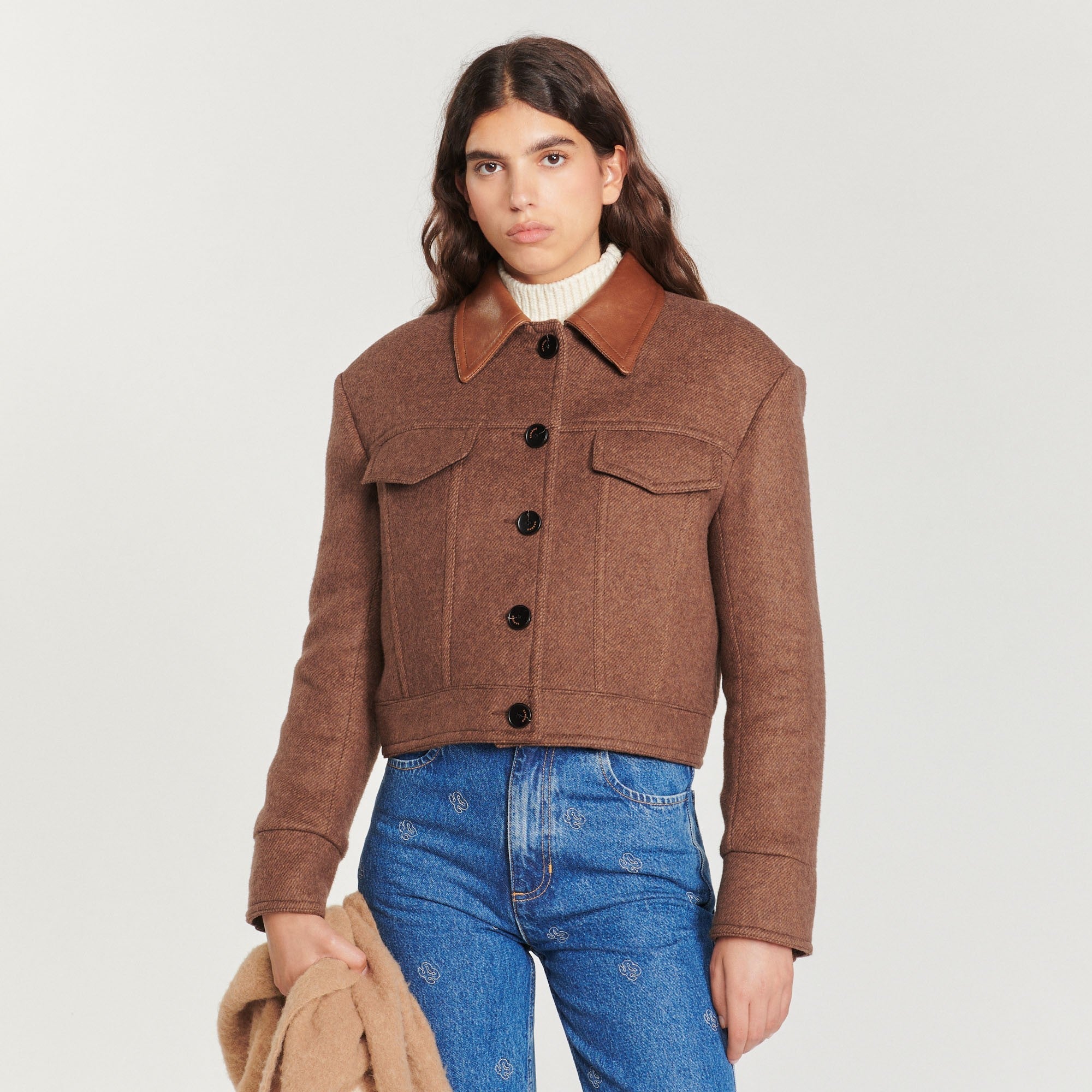 Women Short Coat With Leather Collar - Forest Brown