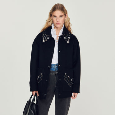 Women Wool Coat Embellished With Eyelets - Black