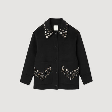 Women Wool Coat Embellished With Eyelets - Black