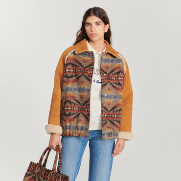 Women Graphic Printed Dual-Fabric Coat - Camel