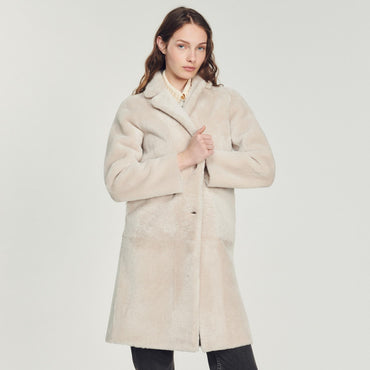 Women Mid-Length Sheepskin Coat - Beige