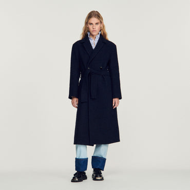 Women Tweed Mid-Length Coat - Navy Blue