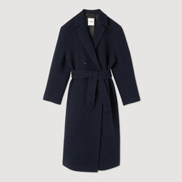 Women Tweed Mid-Length Coat - Navy Blue