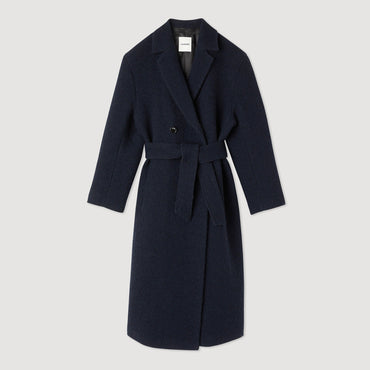 Women Tweed Mid-Length Coat - Navy Blue