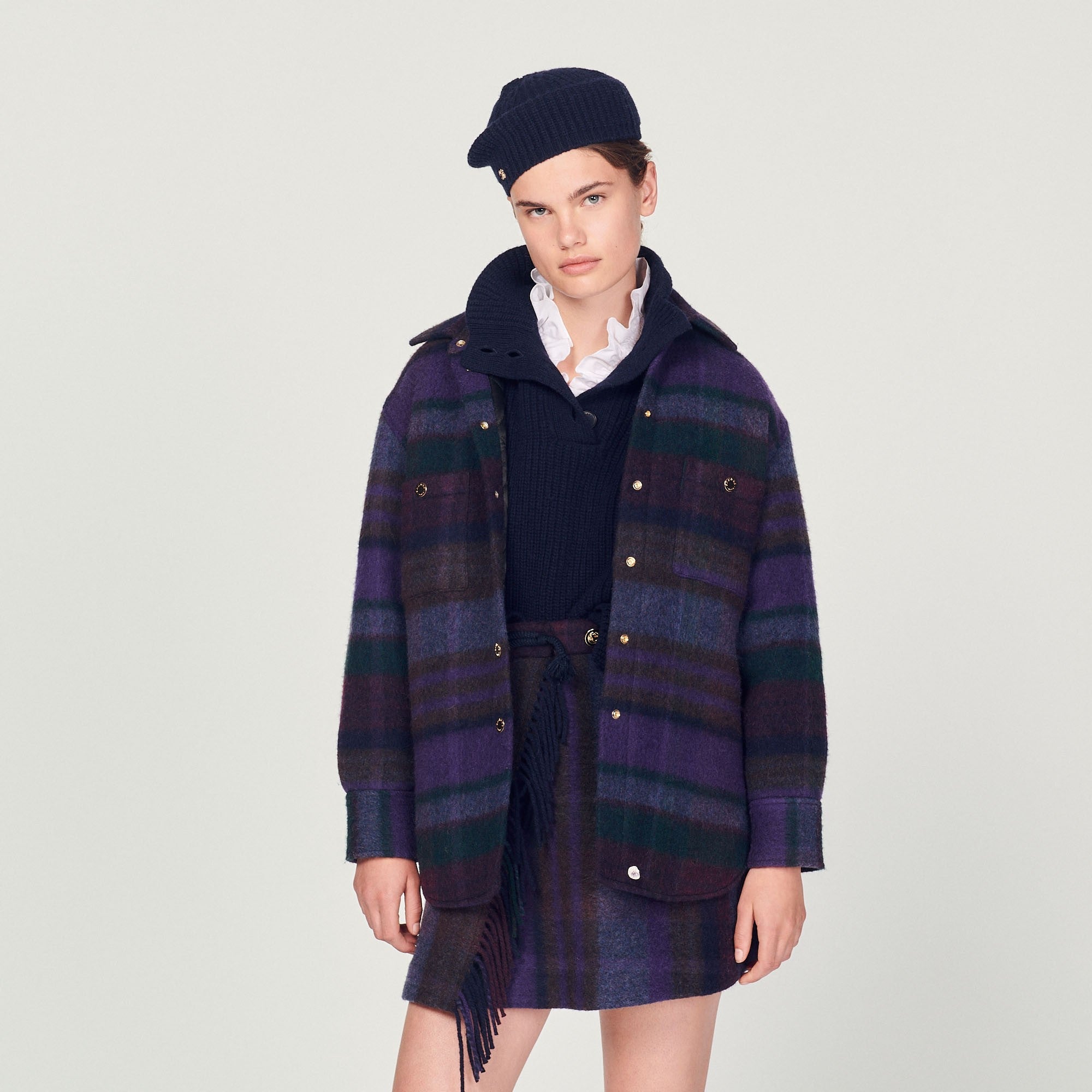 Women Checked Overshirt-Style Coat - Purple / Green