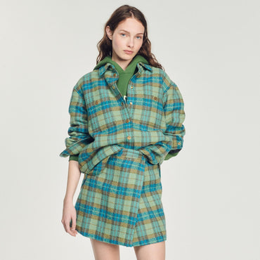 Women Checked Wool Overshirt Coat - Blue / Yellow