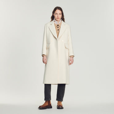 Women Long Coat With Wide Collar - Ecru