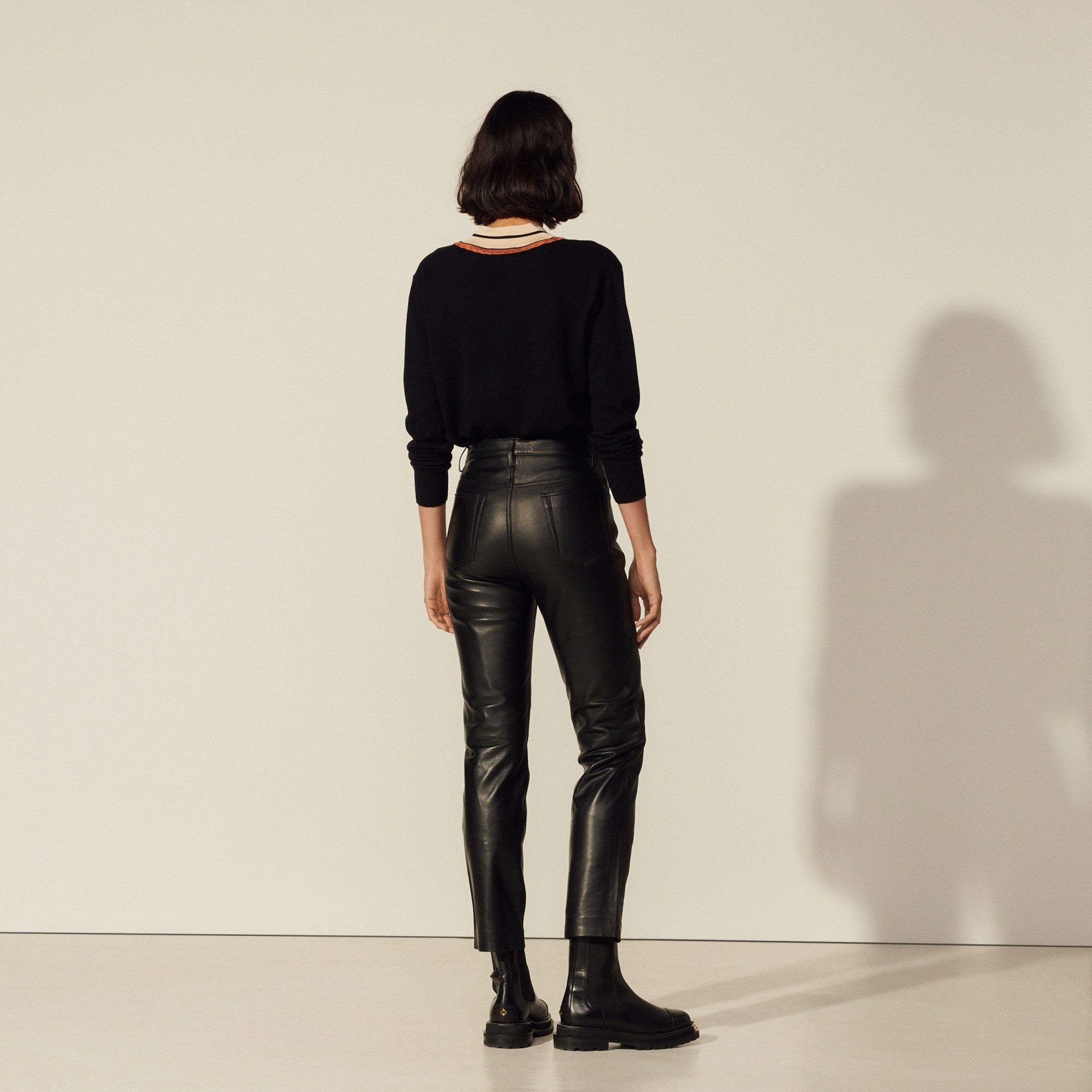 Women Straight Leather Trousers With Seaming - Black