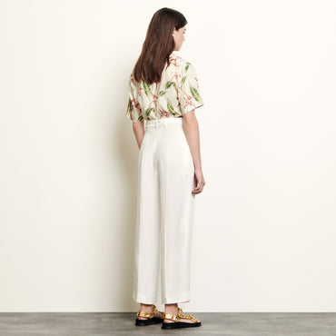 Women Linen Blend High-Waisted Trousers - Ecru