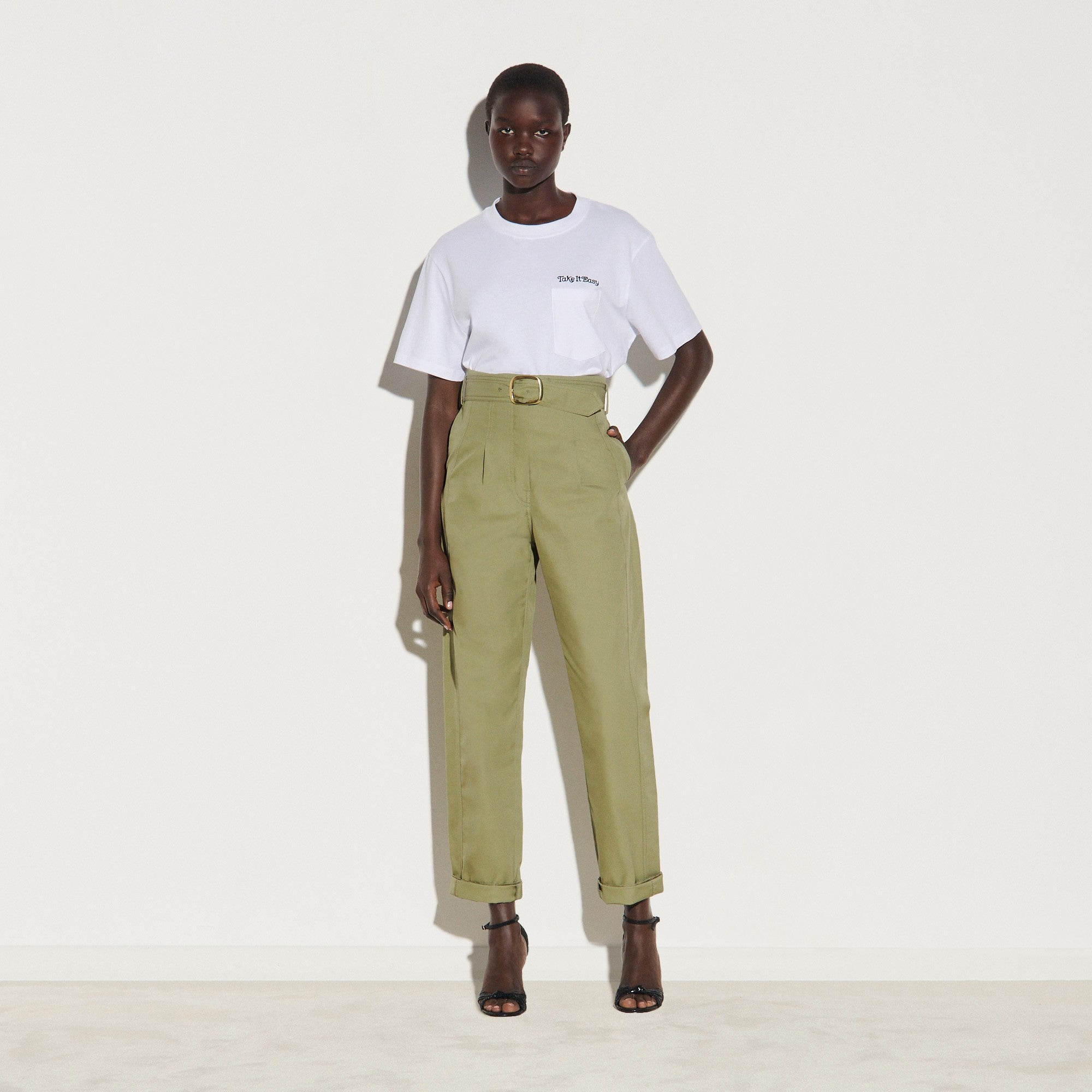 Women High-Waisted Wide-Leg Gabardine Trousers - Light Kaki