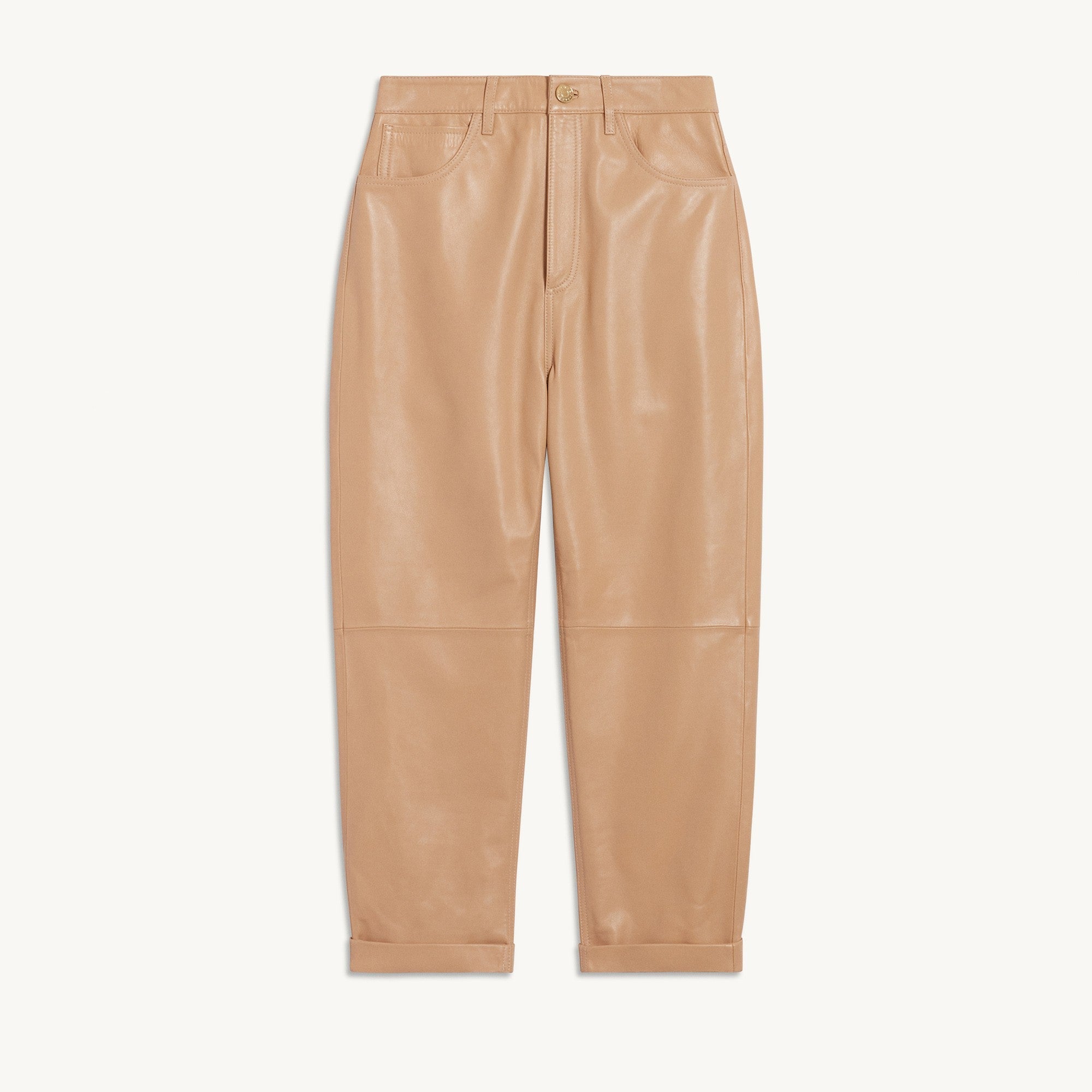 Women Mom Fit Leather Trousers - Sand