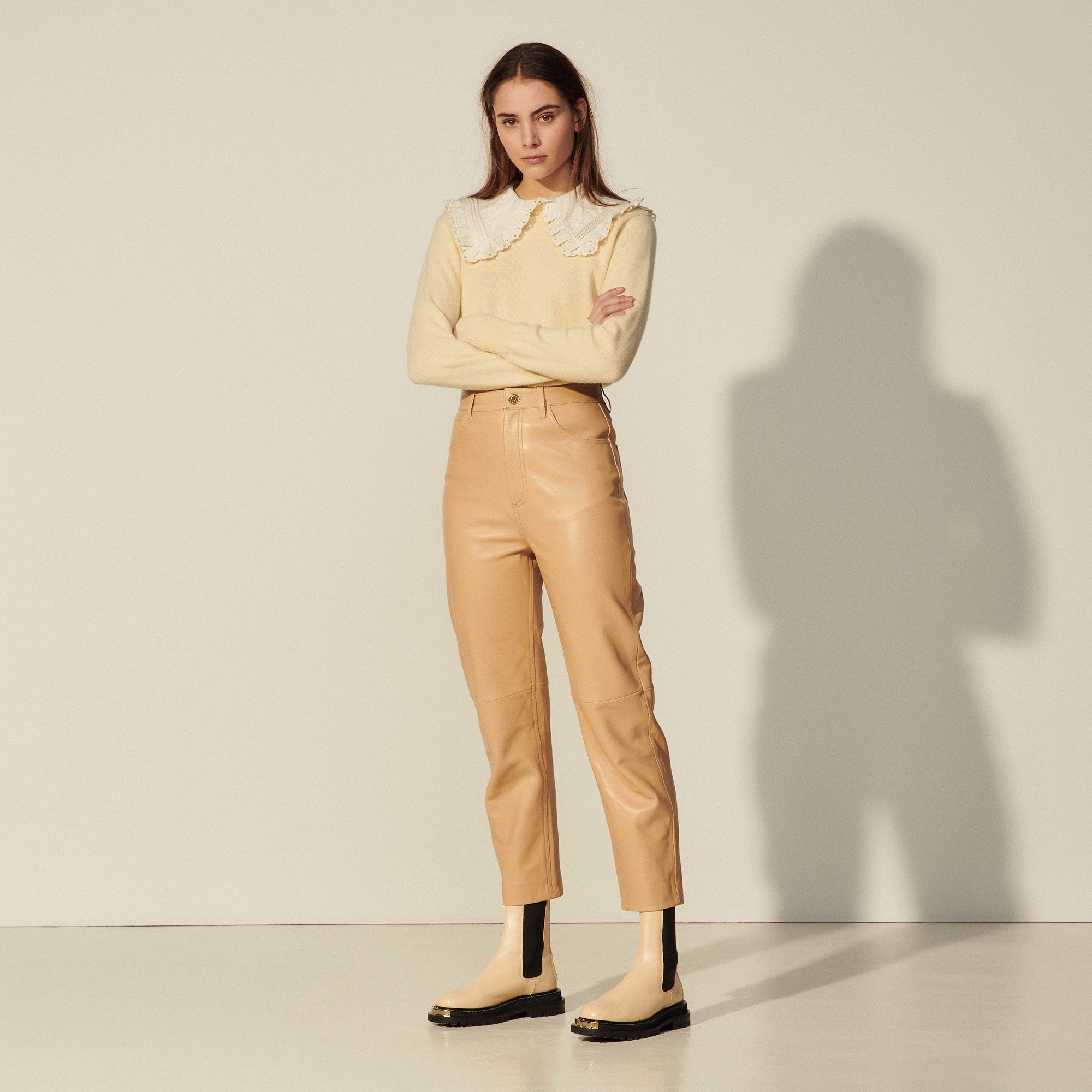 Women Mom Fit Leather Trousers - Sand