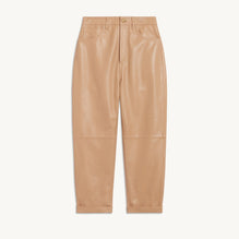 Women Mom Fit Leather Trousers - Sand