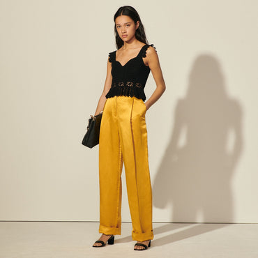 Women Wide-Leg Viscose Trousers - Mustard