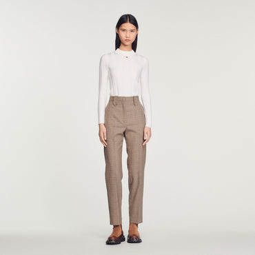 Women Straight-Leg Checked Trousers - Brown