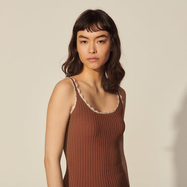 Women Ribbed Vest Top With Fancy Finish - Brown