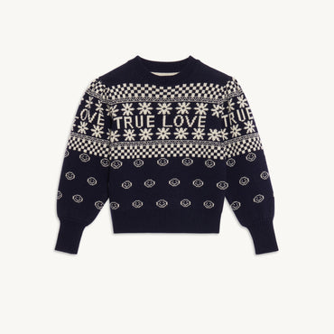 Women Wool Jacquard Sweater - Navy Blue