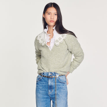 Women Poplin Collar Sweater - Green Grey