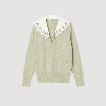 Women Poplin Collar Sweater - Green Grey