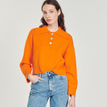 Women Cropped Sweater With Jewel Buttons - Orange