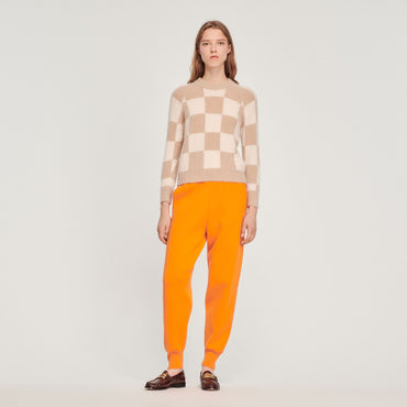 Women Chequered Knit Sweater - Beige