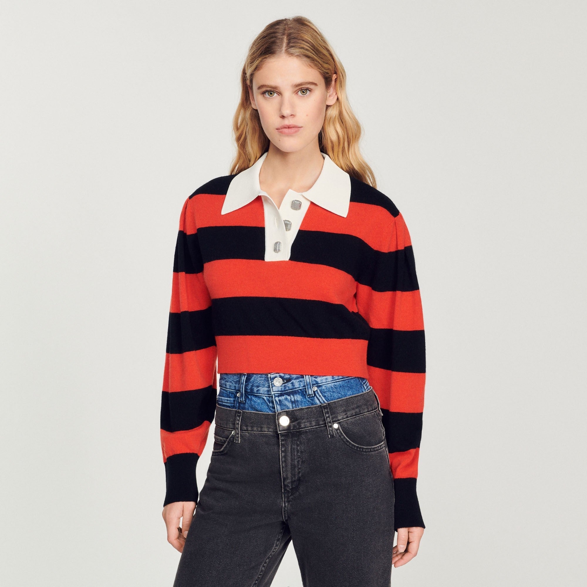 Women Cropped Two-Tone Sweater - Red