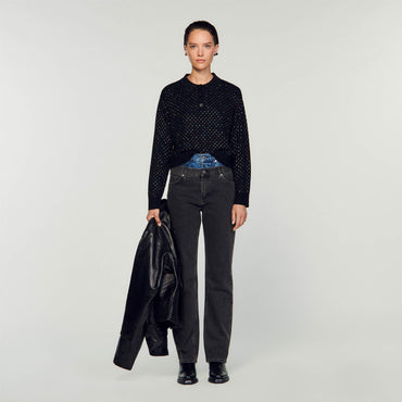 Women Rhinestone Polo Neck - Noir