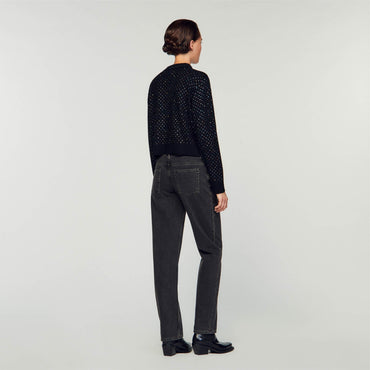 Women Rhinestone Polo Neck - Noir