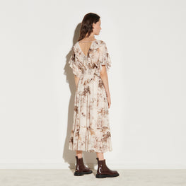 Women Long Printed Dress With Ruffles - Ecru / Brown