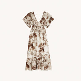 Women Long Printed Dress With Ruffles - Ecru / Brown