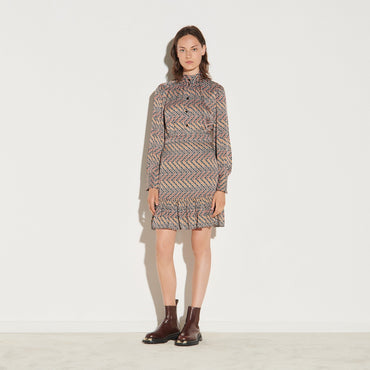 Women Short Printed Dress With Long Sleeves - Blanc / Marron